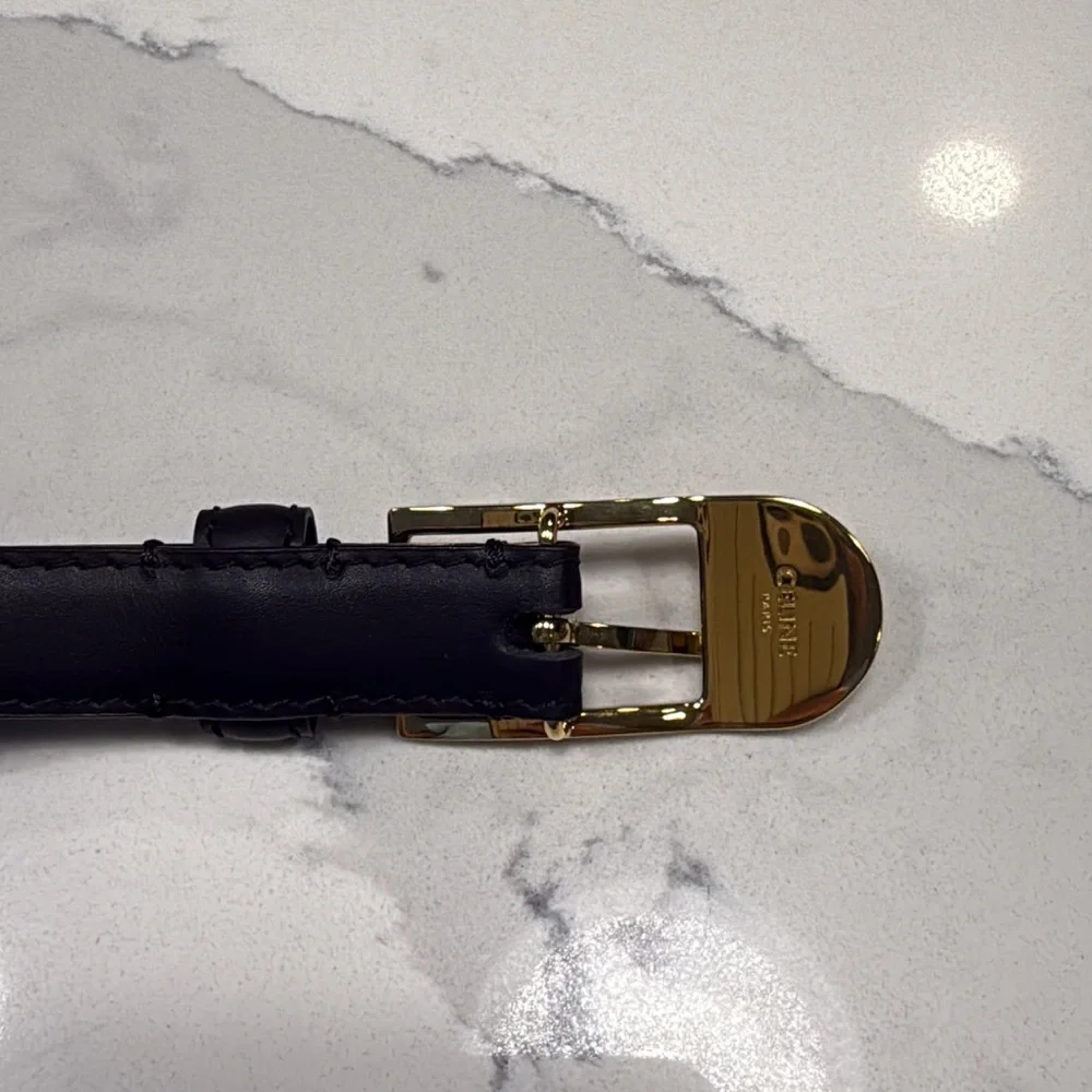 Celine Black Leather Belt with Gold-Tone Signature Buckle